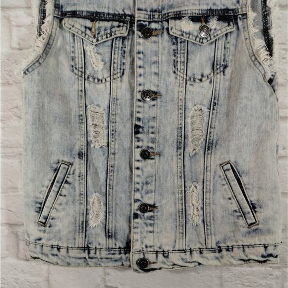 A Chiqle Denim Architect Light Acid Wash Distressed Ripped Denim Jean Vest S - Picture 4 of 11